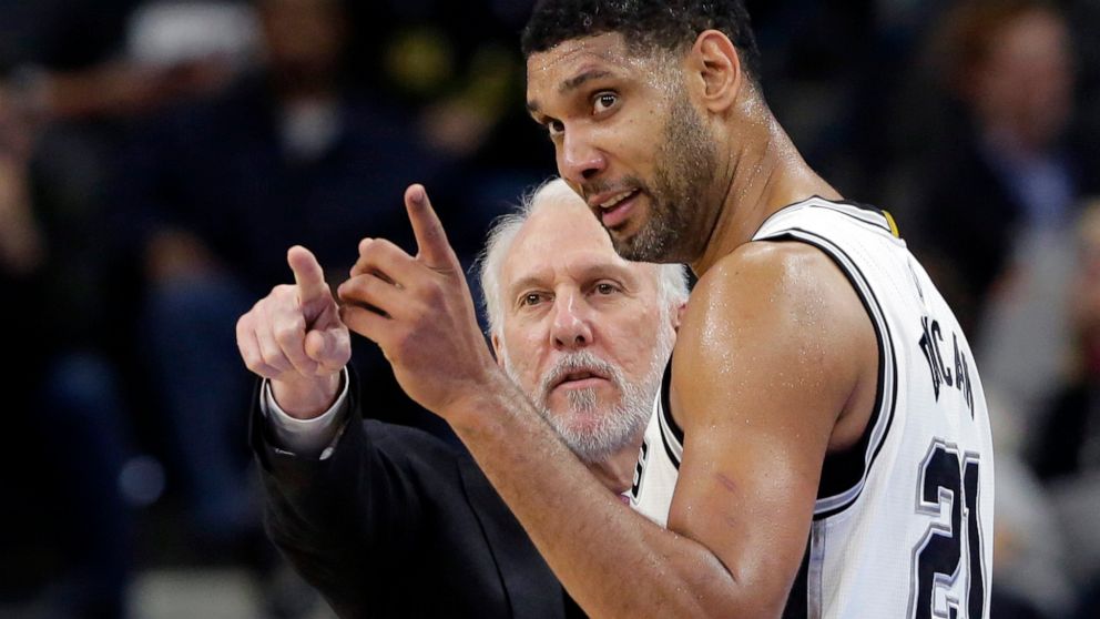 San Antonio Spurs head coach Gregg Popovich, left, talks with forward Tim Duncan (photo by Eric Gay/Associated Press).