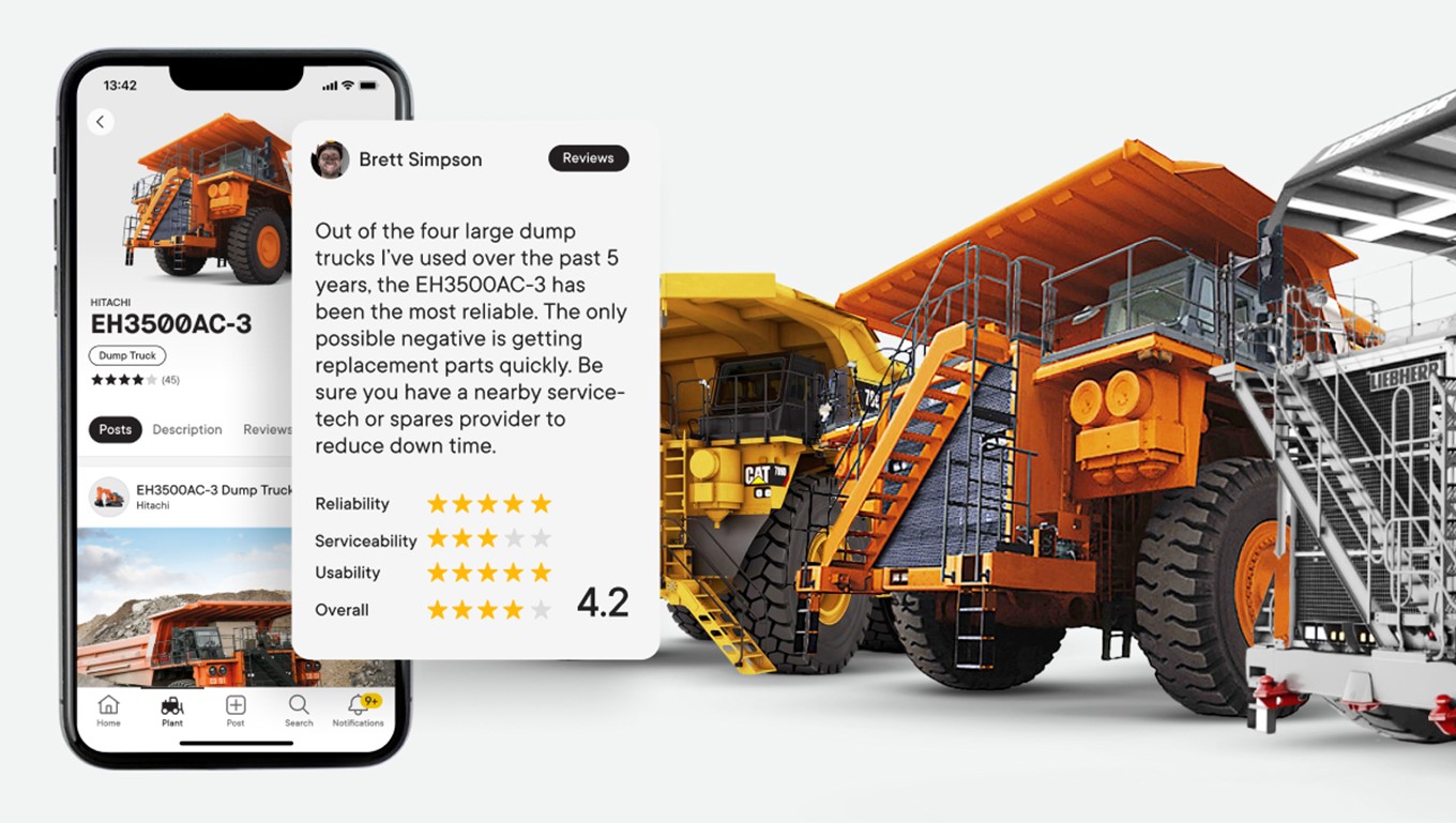 Showing the Torqn app featuring a user review, with three dump trucks in the background